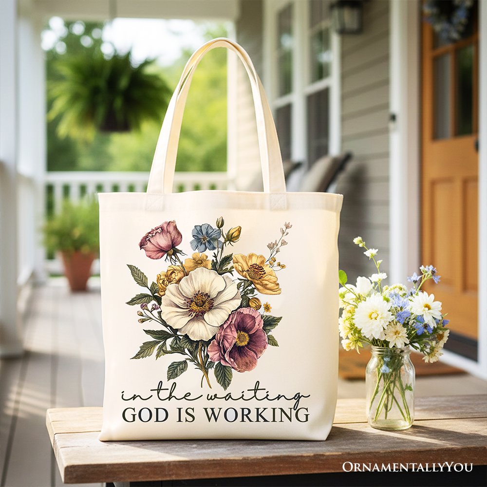 In the Waiting God Is Working Floral Christian Canvas Tote Bag, Vintage Wildflower Faith Gift Shopper