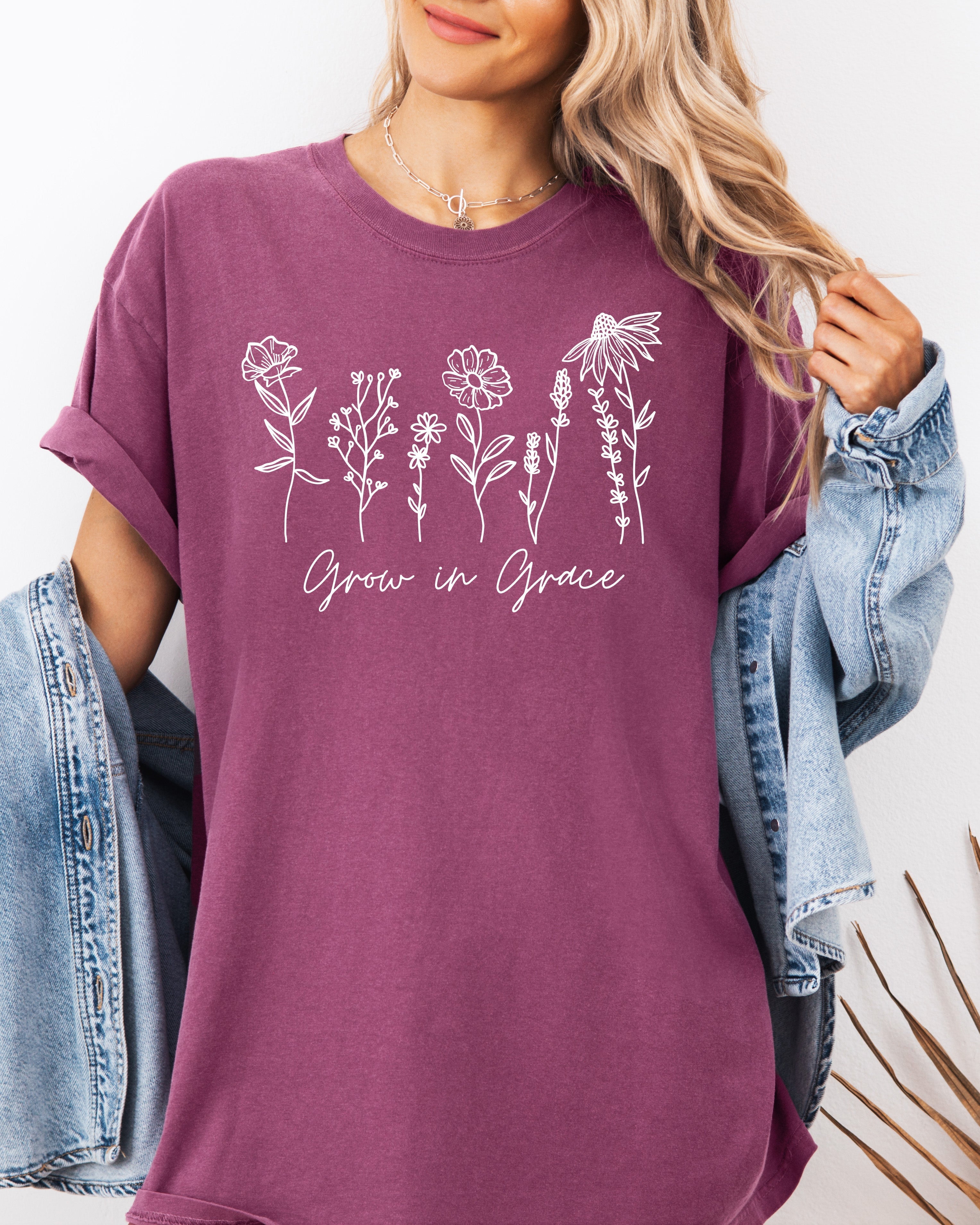 Grow In Grace Comfort Colors Christian & Flower Garment Dyed T Shirt