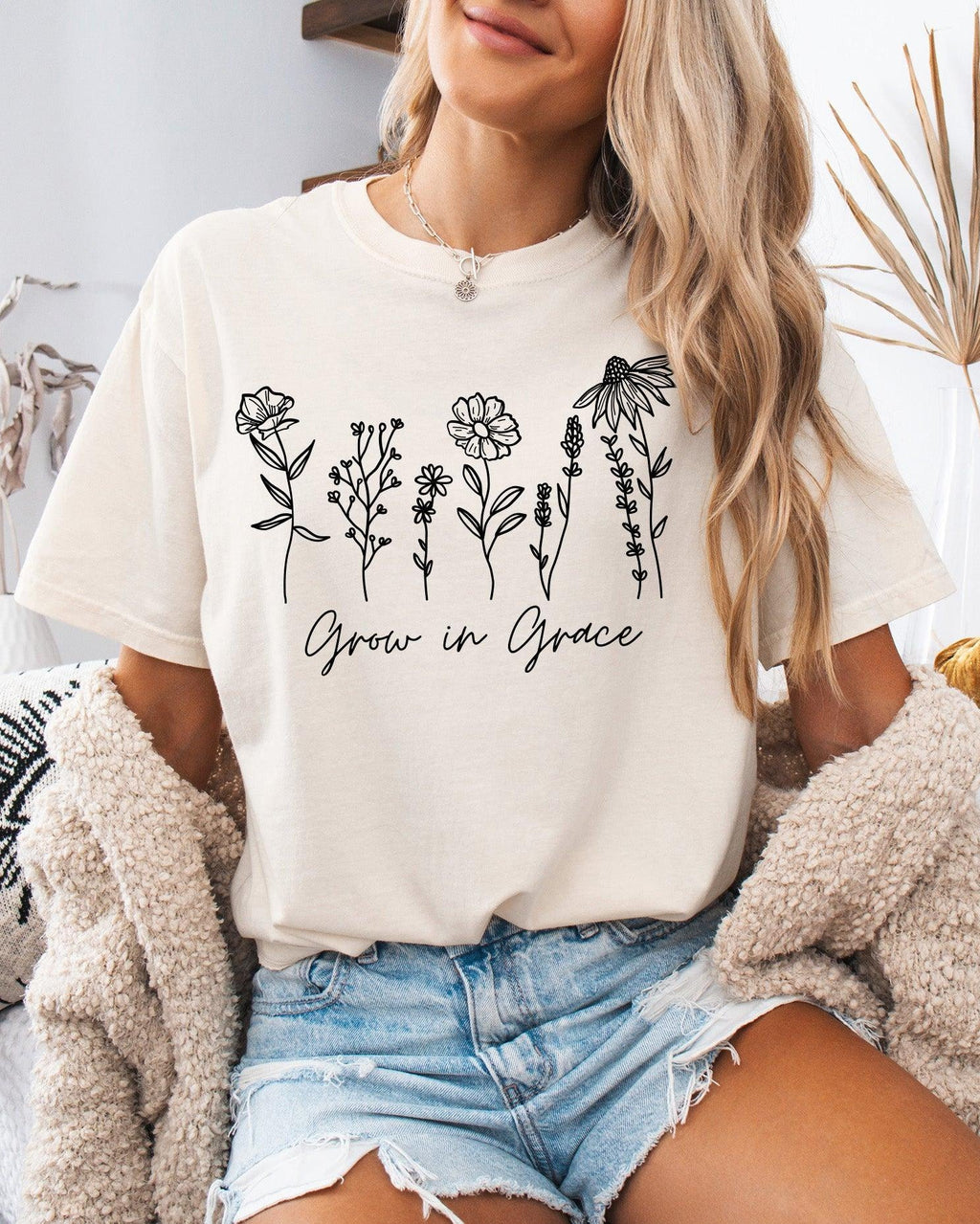 Grow In Grace Comfort Colors Christian & Flower Garment Dyed T Shirt
