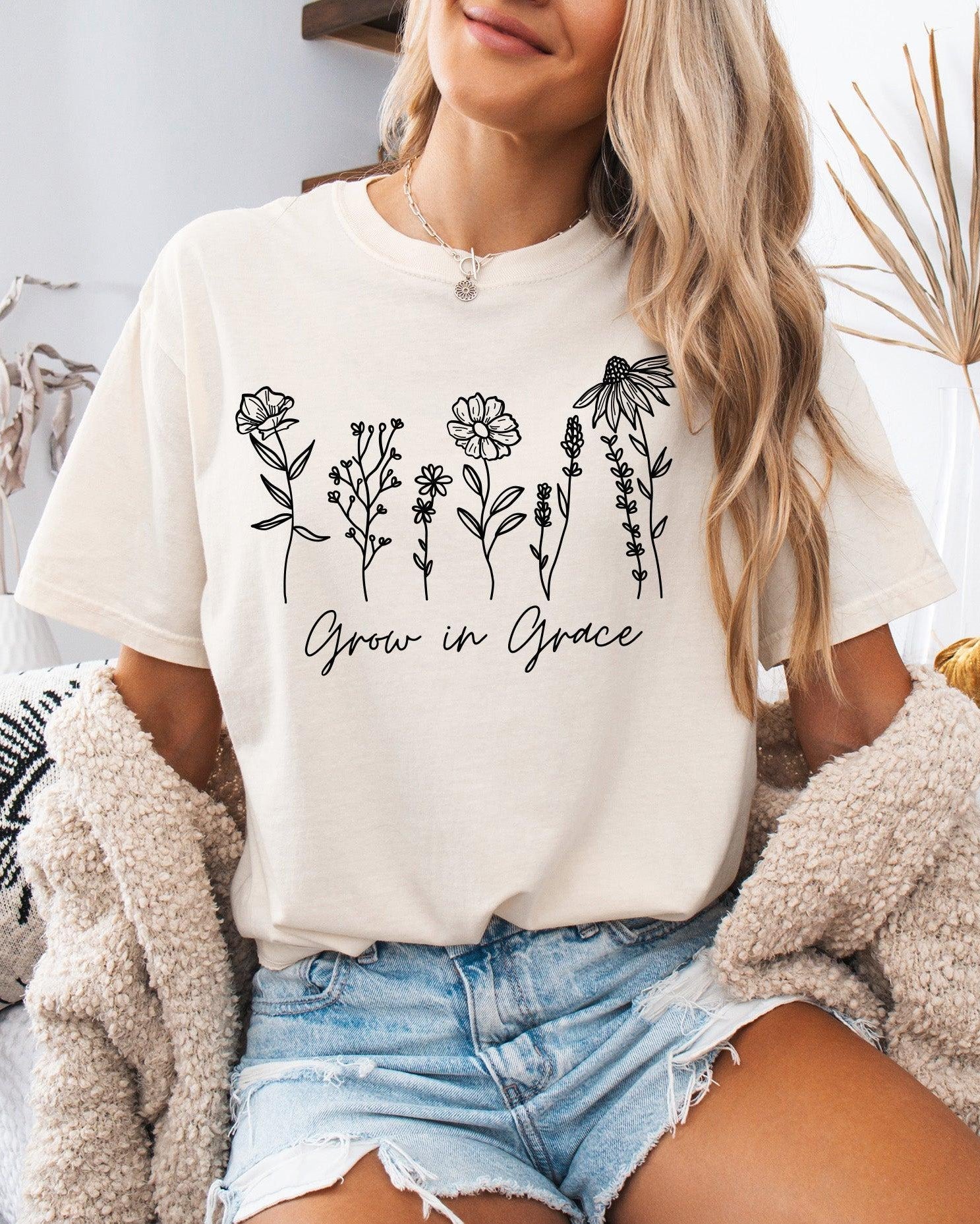 Grow In Grace Comfort Colors Christian & Flower Garment Dyed T Shirt