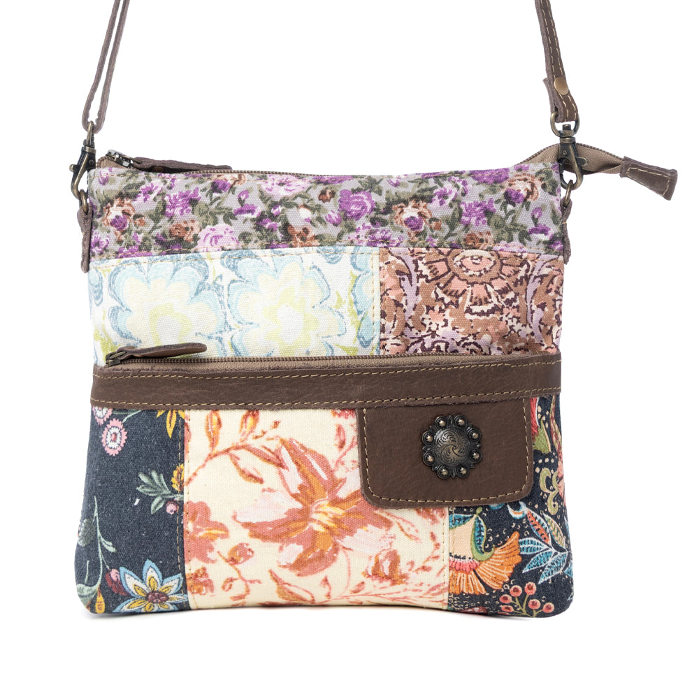 Myra La Fleur Patchwork Crossbody Bag â€“ Floral Canvas Panels, Brown Leather Accents, Boho Cowgirl Everyday Purse
