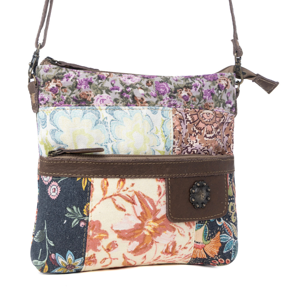 Myra La Fleur Patchwork Crossbody Bag â€“ Floral Canvas Panels, Brown Leather Accents, Boho Cowgirl Everyday Purse