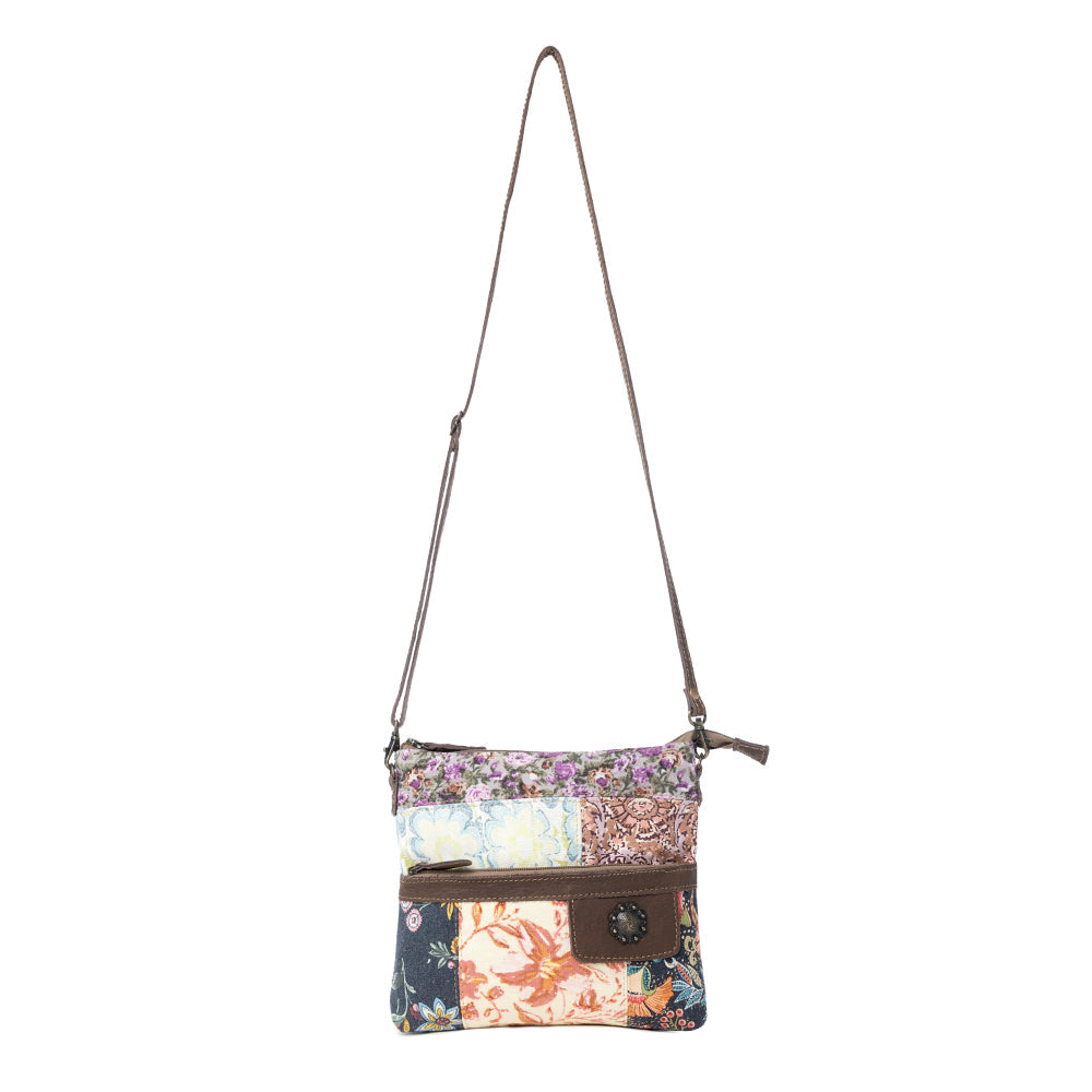 Myra La Fleur Patchwork Crossbody Bag â€“ Floral Canvas Panels, Brown Leather Accents, Boho Cowgirl Everyday Purse